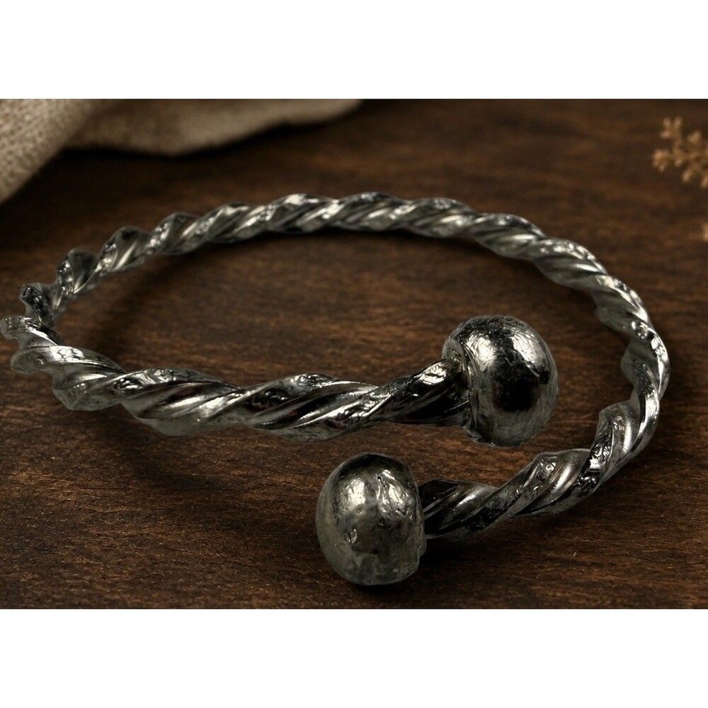Vintage Silver Tone Twisted Rope Torque Cuff Bracelet Celtic Boho Ball Ends 1980